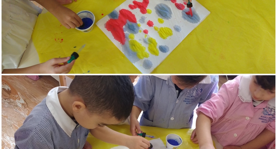 Con il contagocce mettiamo i colori primari su fogli di carta assorbente e…che bell’effetto!